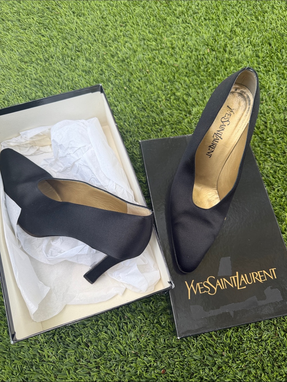 Yves Saint Laurent Black Satin Pointed Pumps with Gold Insole